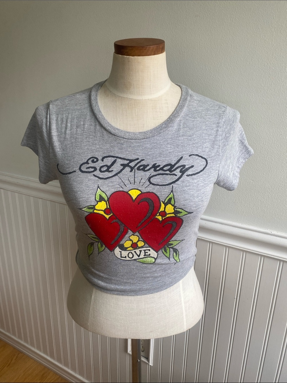 Ed Hardy Gray Tee with Red Heart Graphic and Yellow Accents